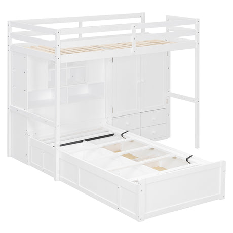 Twin Bunk Bed with Drawers, Wardrobe, Storage Shelves and Hydraulic Bed,White - sold by Home Elegance USA