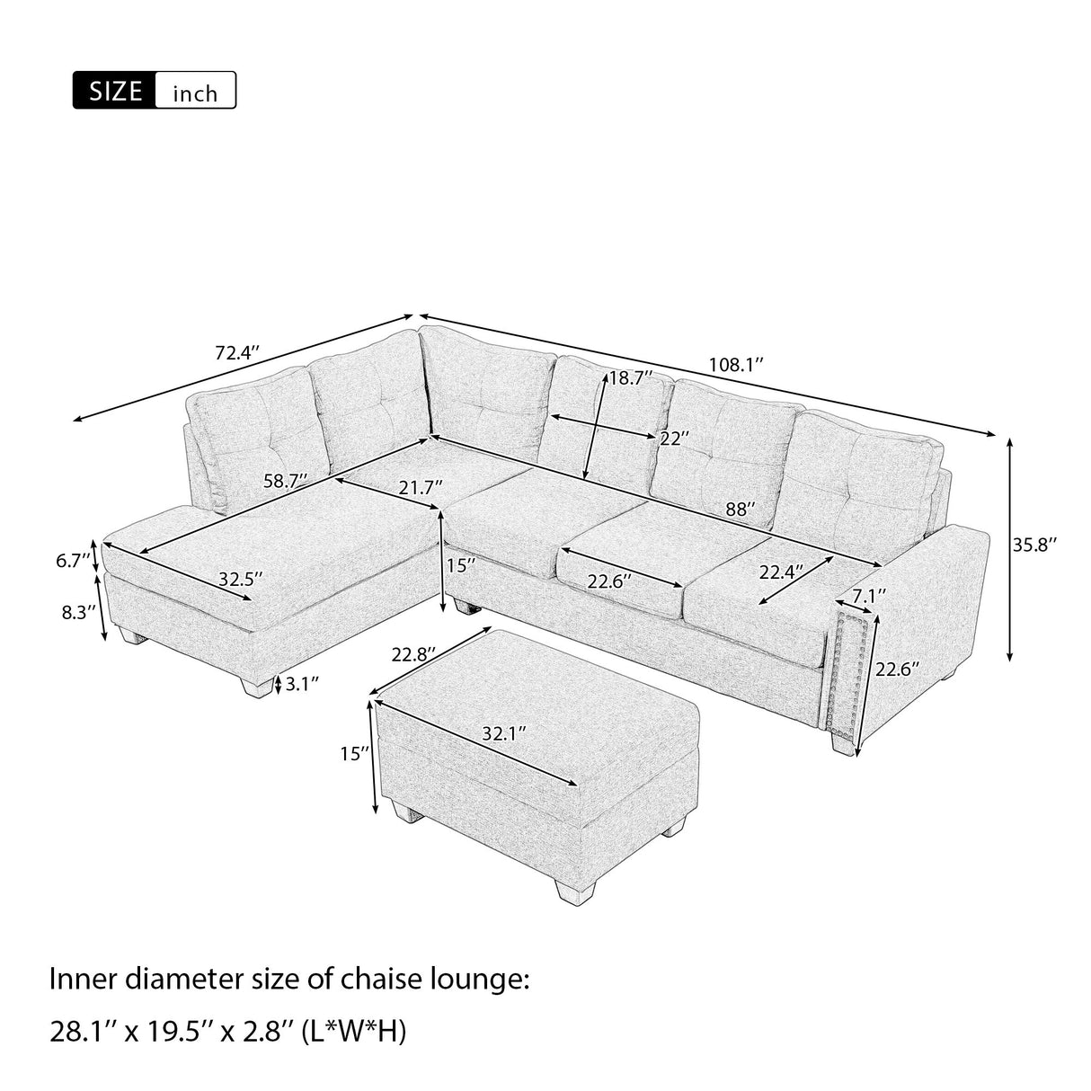 Orisfur. Reversible Sectional Sofa Space Saving with Storage Ottoman Rivet Ornament L-shape Couch for Large Space Dorm Apartment - Home Elegance USA