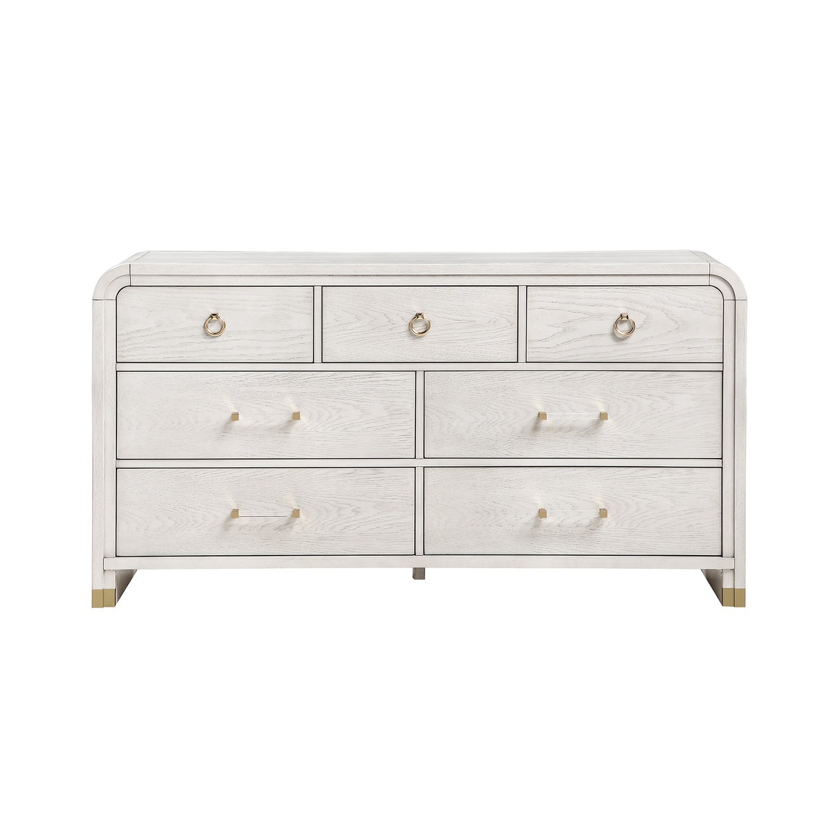 Malco Oak Dresser in Light Oak Finish with Gold Detailing, Acrylic Bar Handles, Rounded Edges, Rubber Wood Construction, 68-Inch Length