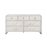 Malco Oak Dresser in Light Oak Finish with Gold Detailing, Acrylic Bar Handles, Rounded Edges, Rubber Wood Construction, 68-Inch Length