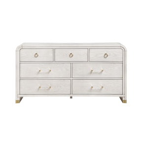 Malco Oak Dresser in Light Oak Finish with Gold Detailing, Acrylic Bar Handles, Rounded Edges, Rubber Wood Construction, 68-Inch Length