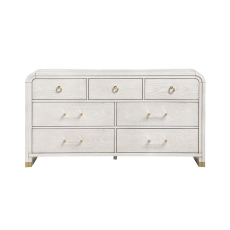 Malco Oak Dresser in Light Oak Finish with Gold Detailing, Acrylic Bar Handles, Rounded Edges, Rubber Wood Construction, 68-Inch Length