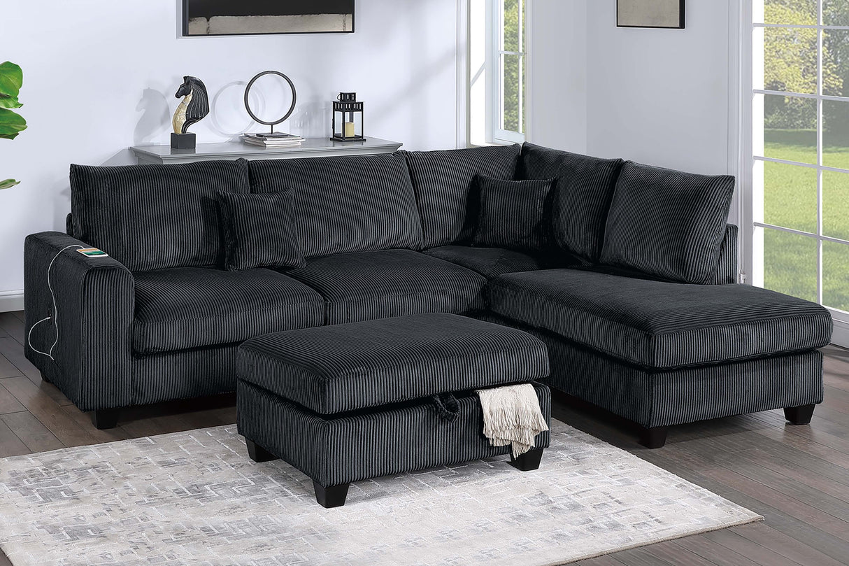 Modern Style 3pc Sectional Set USB Port Storage Ottoman Right Arm Chaise Left Arm Sofa Black Finish Primary Living Room