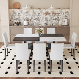 Table and chair set.71*35.4 inch White And Black Spliced Dining Table With Storage Function In The Middle Of The Table Legs.Paired With 8 White PU Dining Chairs, Simple And Versatile.