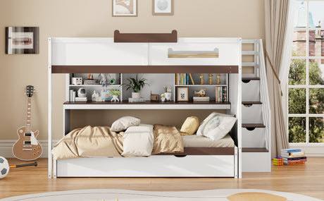 Full Over Full Bunk Bed with Twin Size Trundle and Staircase, Shelves, LED,White - sold by Home Elegance USA