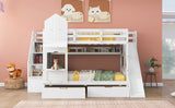 Full-Over-Full Castle Style Bunk Bed with 2 Drawers 3 Shelves and Slide - White - Home Elegance USA