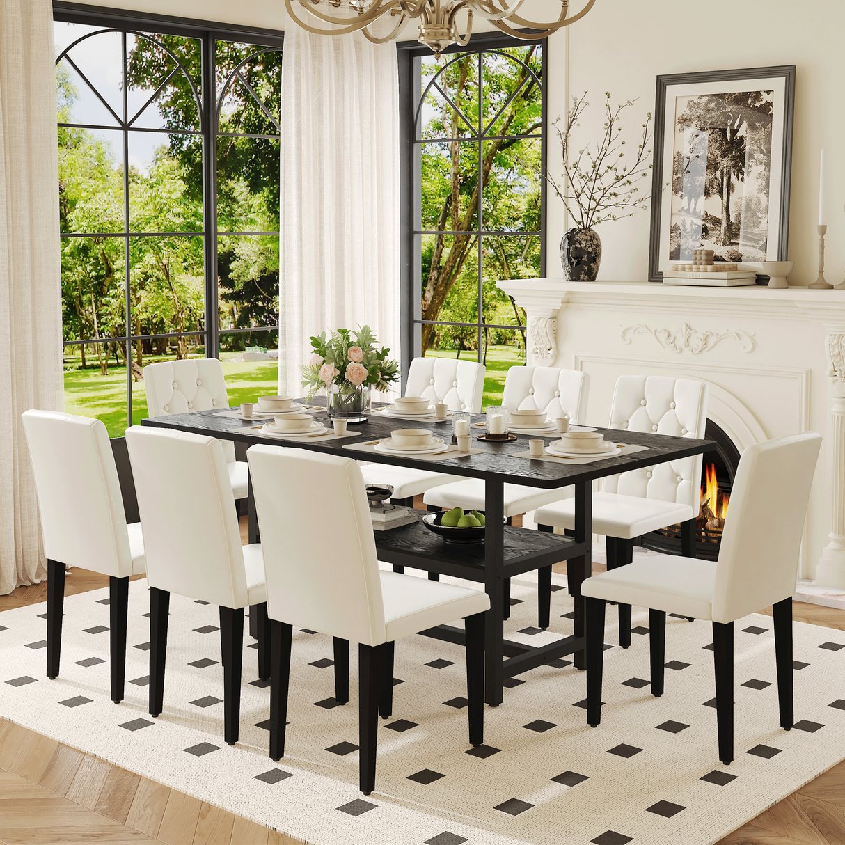 Table and chair set.71*35.4 inch Black Grain Spliced Dining Table With Storage Function In The Middle Of The Table Legs.Paired with 8 WHITE PU dining chairs with ergonomic buckle backrest.
