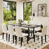 Table and chair set.71*35.4 inch Black Grain Spliced Dining Table With Storage Function In The Middle Of The Table Legs.Paired with 8 WHITE PU dining chairs with ergonomic buckle backrest.
