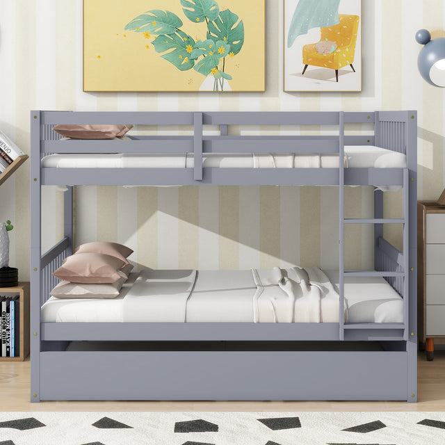 Full Over Full Rubber Wood Bunk Bed with Trundle, Ladder and Guardrails, Convertible to 2 Full Size Beds, with Twin Size Trundle ,Grey(Old Sku:W504S00250)