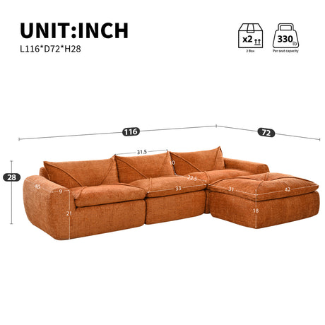116'' Fully Compressed Sofa with High Density Foam, Integrated Backrest&Seat Cushion, Decorative Edging, Legless Design without Frame, No Assembly Required, Free Combination, Particle Chenille - sold by Home Elegance USA