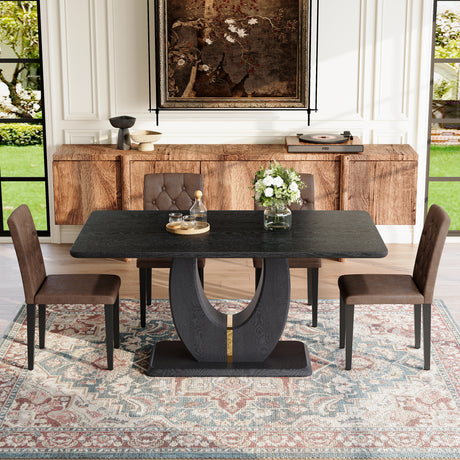Black Wood Grain Dining Table Set for 4 people, 63' Modern MDF Dining Room Table Set .Paired with 4 Brown Suede Fabric chairs with decorative buckle design on the backrest.For Dining Room,Kitchen,etc. - sold by Home Elegance USA