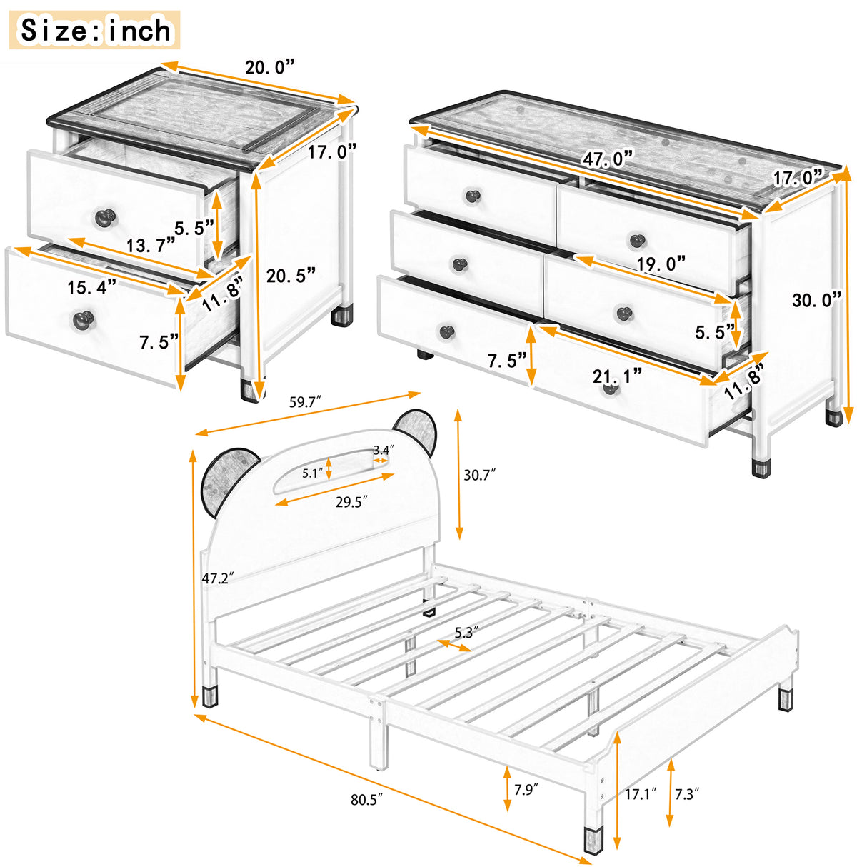 3 - Pieces Bedroom Sets Full Size Bear - Shape Platform Bed with Nightstand and Storage dresser,Cream+Walnut | Home Elegance USA