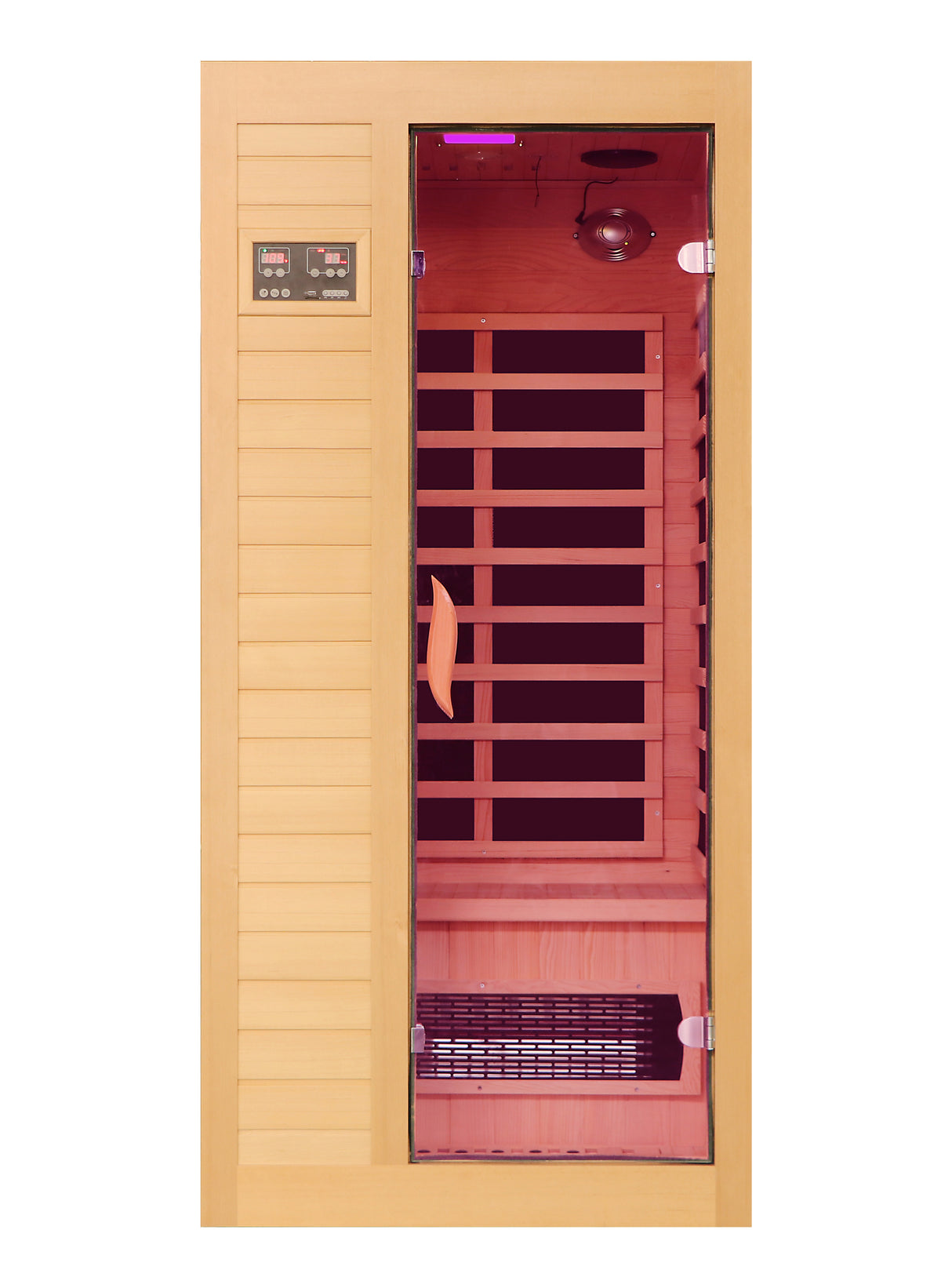 Sauna de infrarrojos lejanos de madera de cicuta para 1 o 2 personas con bajo EMF para el hogar, con panel de control LED y puerta de vidrio templado