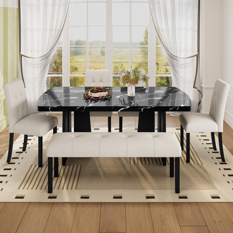 6 Piece Modern Dining Table Set, 63' Faux Marble Dining Table with Geometric Legs & 4 Upholstered Chairs & 1 Bench, Suitable for Dining Kitchen Room,Easy to Assemble, Beige+Black - sold by Home Elegance USA