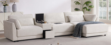 124'' L-Shaped Sectional Sofa with Multi-Functional Storage Console, Wired&Wireless Charger, Movable Ottoman, Wider&Thicker Cushion, Free Combination for Living Room&Apartment, Chenille - sold by Home Elegance USA