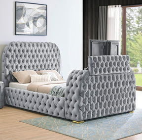 1pc Luxurious Comfort Innovative Design King Bed Deeply Tufted Headboard Upholstered Gray Velvet Television Lift Built-in Electric Fireplace Bedroom Furniture