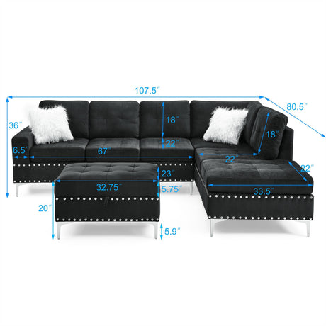 Sectional 3-Seaters Sofa with Reversible Chaise, Storage Ottoman and Cup Holders, Metal Legs and Copper Nails,Two White Villose Pillows ,Black(107.5' x 80.5' x36') - sold by Home Elegance USA