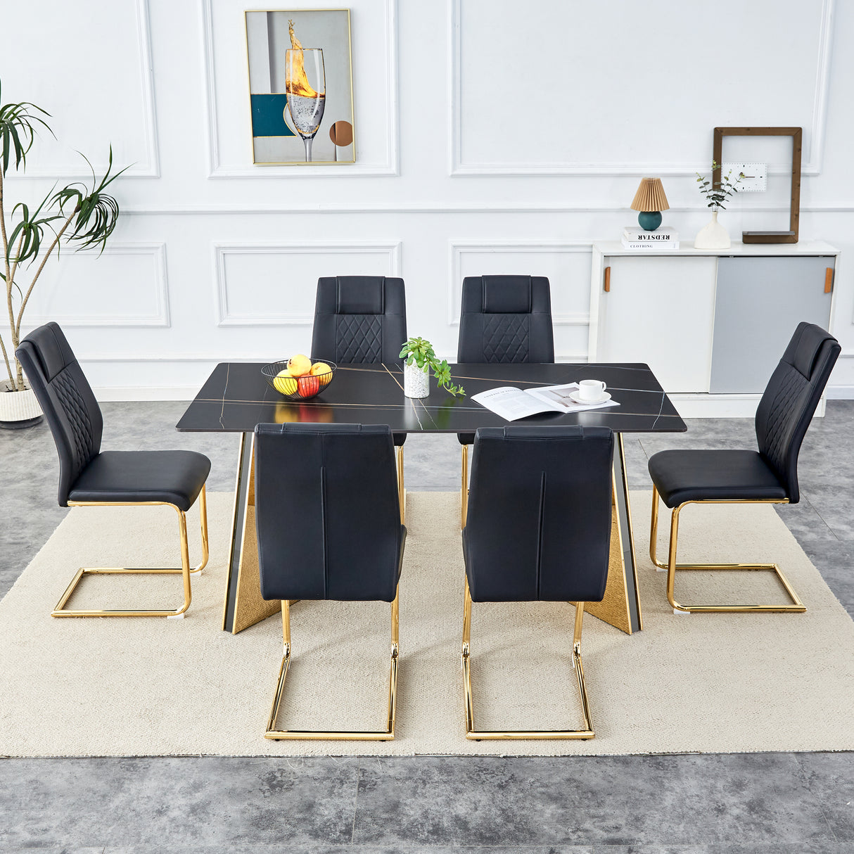 Table and chair set.63'x31.5x30'Black Texture With Lines Patterned Sintered Stone Table with Golden Stainless Steel Butterfly Legs.Paried With 6 Black High-quality PU Chairs With Golden Metal Legs.