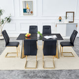 Table and chair set.63'x31.5x30'Black Texture With Lines Patterned Sintered Stone Table with Golden Stainless Steel Butterfly Legs.Paried With 6 Black High-quality PU Chairs With Golden Metal Legs.