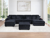 Contemporary Modern 6-PC Modular U-Sectional Sofa Set USB Cup Holder Black Finish Corduroy Living Room Furniture Couch