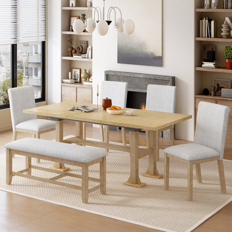 TOPMAX Farmhouse 76inch 6-Piece Extendable Dining Table Set with Trestle Base, Upholstered Chairs & Bench, Natural Wood and Light Gray Fabric - sold by Home Elegance USA