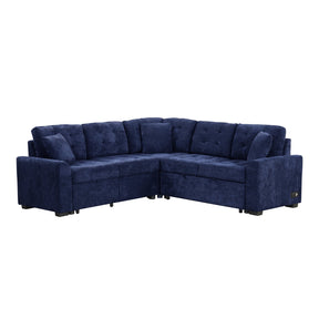 Navy Blue L-shape Sofa Bed with Pull-out Sleeper, USB Ports, Power Sockets, Corded Velveteen, 82.6' - sold by Home Elegance USA