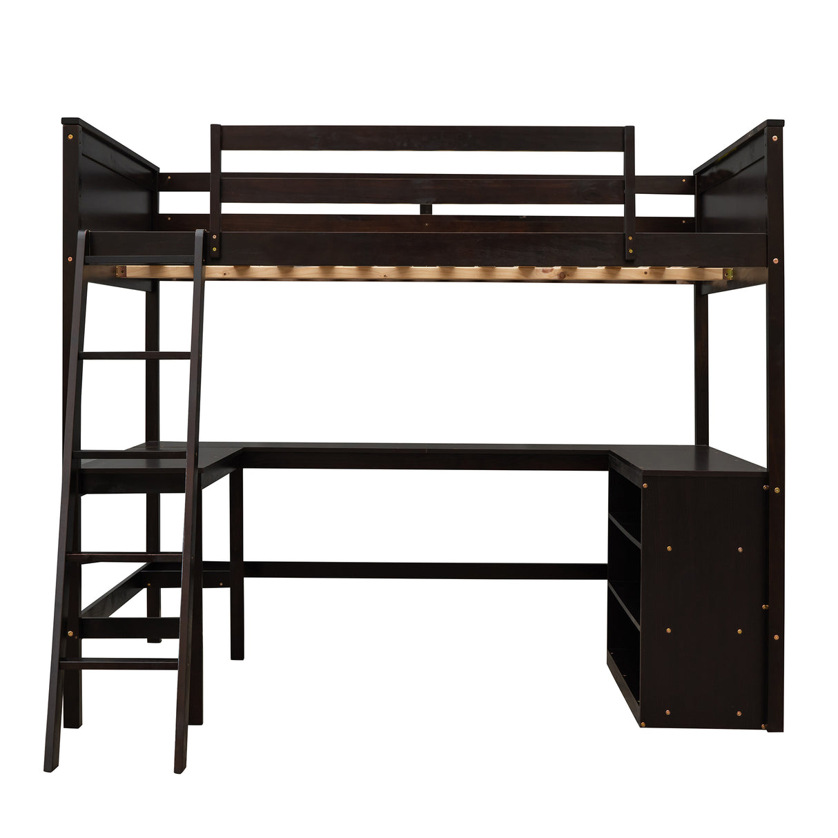 Full size Loft Bed with Shelves and Desk, Wooden Loft Bed with Desk - Espresso - Home Elegance USA