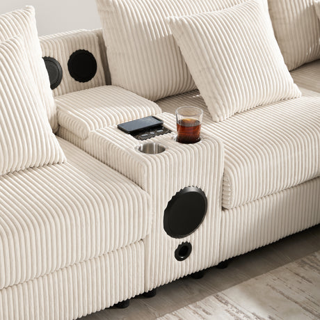 141.5*64'' Corduroy Sectional Sofa with Bluetooth Speakers, U-Shaped Couch with Console, USB Charger, Cup Holders, Storage, Ottoman, Deep and Wide Seat Cloud Sofa for Living Room&Apartment - sold by Home Elegance USA