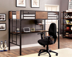 Metal Structure With Wood Panels Industrial Bunk Bed Twin Over Workstation Nailhead Trim Attached Ladder Black Finish Chair-Not Included