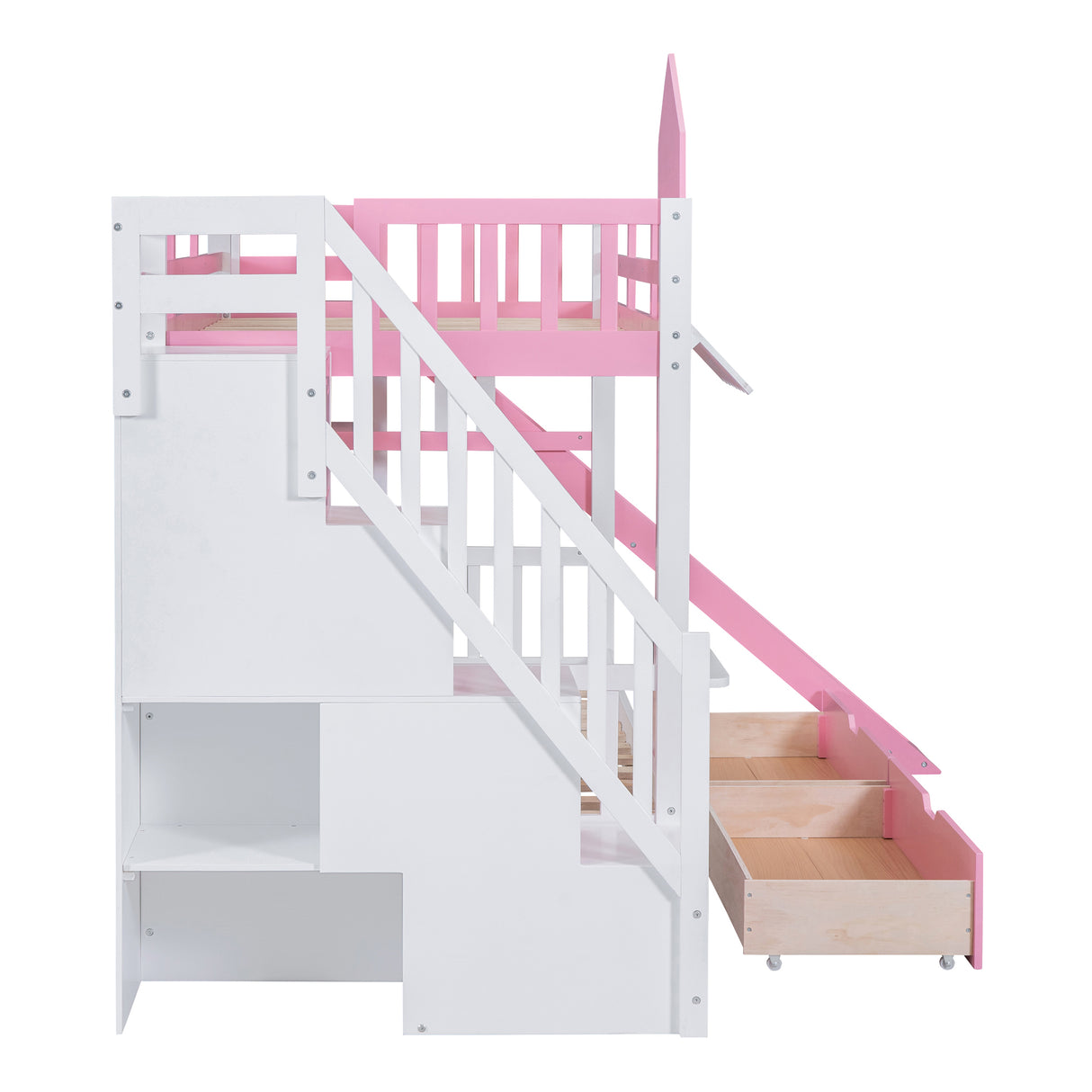 Twin-Over-Twin Castle Style Bunk Bed with 2 Drawers 3 Shelves and Slide - Pink - Home Elegance USA