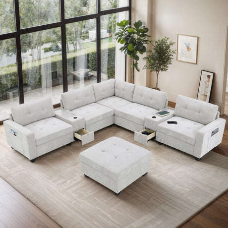 Chenille U Shaped Sectional Sofa with Acrylic Table Top, USB Charger, Storage Drawers, Pockets and Movable Ottoman - sold by Home Elegance USA