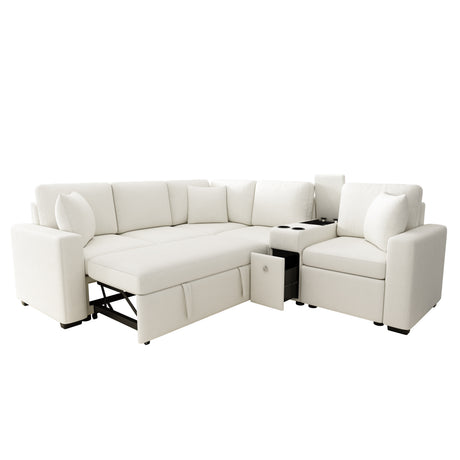 120.5' L-shaped Convertible Sofa Bed Modular Sectional Sofa Reversible Sleeper with Pull-Out Bed, Cup Holders, and Ample Storage Space for Living Room(Old SKU:N719S001940K), White - sold by Home Elegance USA