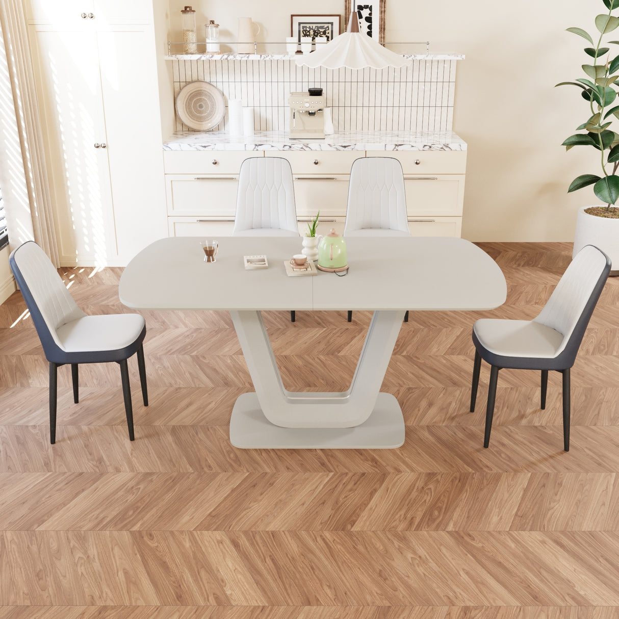 Juego de mesa de comedor expandible de 62,99 a 78,74 pies para 2 a 8 personas, equipado con 4 sillas de comedor acolchadas gruesas de tela de PU y una espaciosa mesa de comedor, mesa de cocina y sillas, con patas de mesa en forma de U