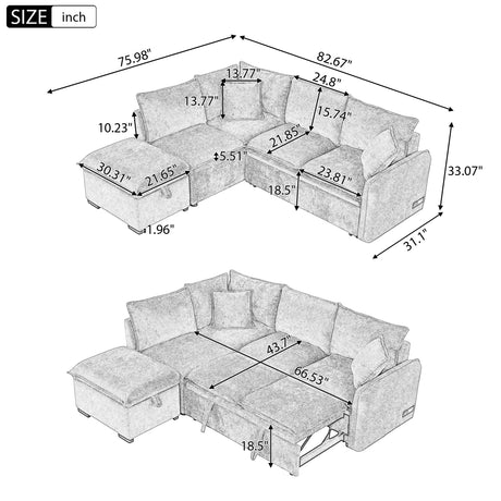 Convertible L-shaped Sofa Bed with Storage Ottoman, Power Sockets & USB Ports, Orange Chenille, 82.67' - sold by Home Elegance USA