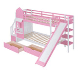 Twin-Over-Twin Castle Style Bunk Bed with 2 Drawers 3 Shelves and Slide - Pink - Home Elegance USA