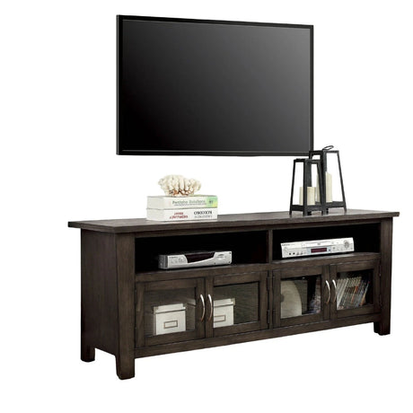 Transitional Style TV Console Base With Dual Cabinet And Two Open Shelves 3mm Tempered Glass On Cabinet Doors Rear Wearing Access Gray Finish - sold by Home Elegance USA