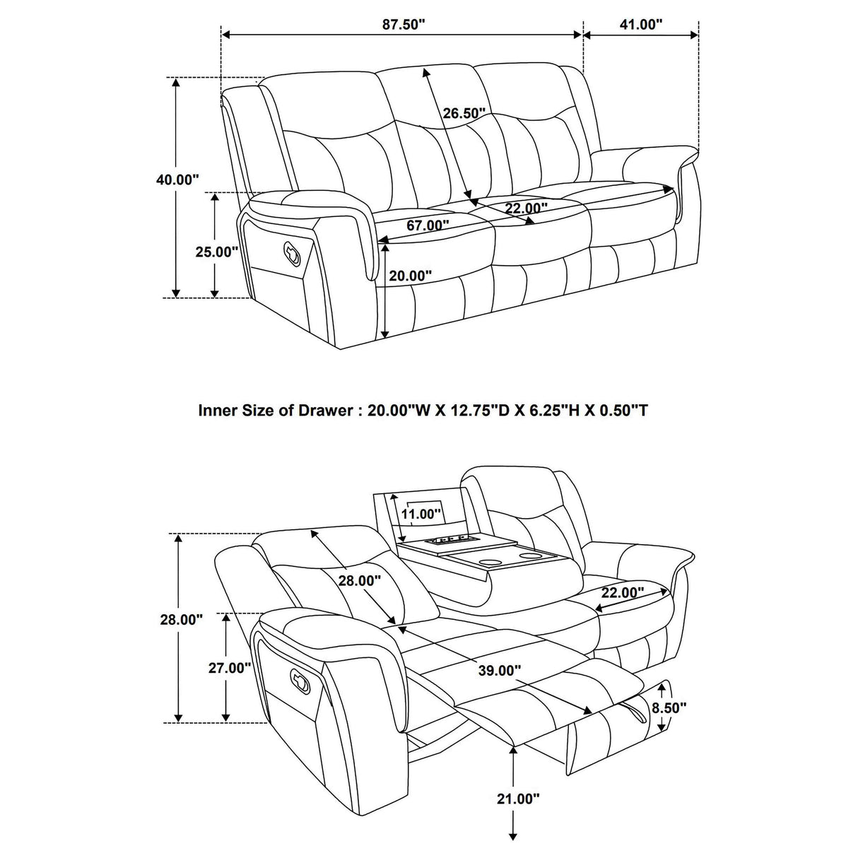 Motion Sofa W/ Pop Up Outlet - Conrad Upholstered Motion Sofa Cool Grey