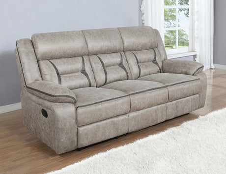 Greer Upholstered Motion Reclining Sofa Taupe - sold by Home Elegance USA