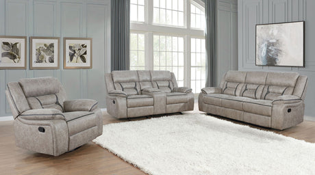 Greer Upholstered Motion Reclining Sofa Taupe - sold by Home Elegance USA
