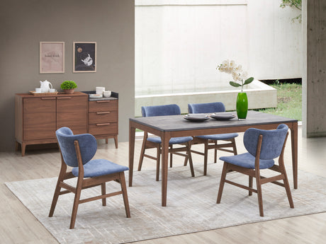 Bevis 5-Piece Walnut Finish Dining Set with Gray Marble-Look Tabletop and Blue Upholstered Chairs - sold by Home Elegance USA