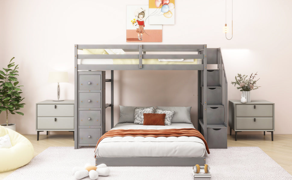 Twin Over Full Bunk Bed with 3-layer Shelves, Drawers and Storage Stairs, Gray - Home Elegance USA