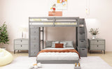 Twin Over Full Bunk Bed with 3-layer Shelves, Drawers and Storage Stairs, Gray - Home Elegance USA