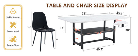 Table and chair set.71*35.4 inch White Grain Spliced Dining Table With Storage Function In The Middle Of The Table Legs.Paired with 8 Black Linen-Cotton Material High Resilience Dining Chair. - sold by Home Elegance USA
