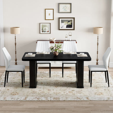 Table and chair set.64.5 x 35.4 Inch Stylish Black Wood Color Textured Dining Table.Paired with 4 Black - and - White PU Dining Chairs with Shell - pattern. Exudes A Strong Sense Of Fashion. - sold by Home Elegance USA