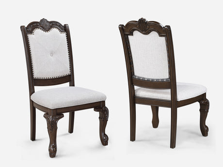 Formal 5pc Rectangular Dining Table 18' Extendable Leaf Side Chair Arm Chair Rich Dark Coffee Brown Finish Intricately Carved Double Pedestal Base Solid Wood Dining Set - sold by Home Elegance USA