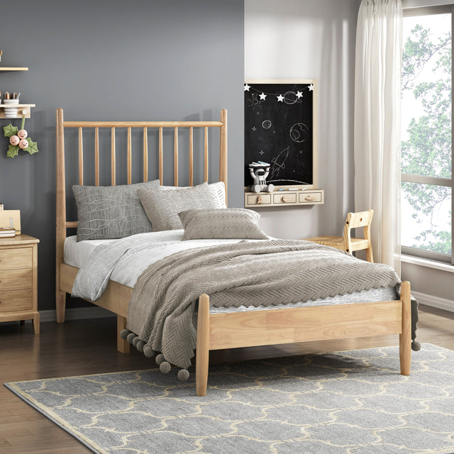 Mid-Century Modern Design Twin Platform Bed 1pc Natural Finish Wooden Bedroom Furniture Vertical Slats Headboard, Bed in a Box
