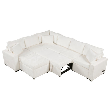 Cream Tweed Chenille Sectional Sofa with Pull-out Bed and Storage Ottoman, 112.2' for Living Room - sold by Home Elegance USA