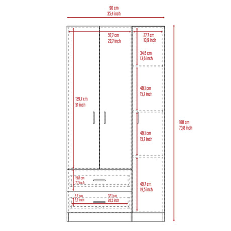 Eureka Three Door Armoire, Two Drawers, Rod - sold by Home Elegance USA