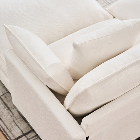 140.9-inch U-shaped modular sectional sofa, suitable for living room or bedroom. It comes with 2 movable ottomans, 4 cushions and 2 throw pillows. Made of soft cashmere fabric, in beige - sold by Home Elegance USA