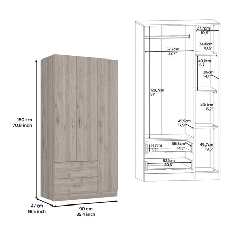 Bosko 3 Doors Armoire, Two Drawers, Metal Rod, Light Gray -Bedroom - sold by Home Elegance USA
